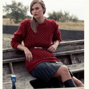 Lambay Aran Knit Wool Red Women's Sweater